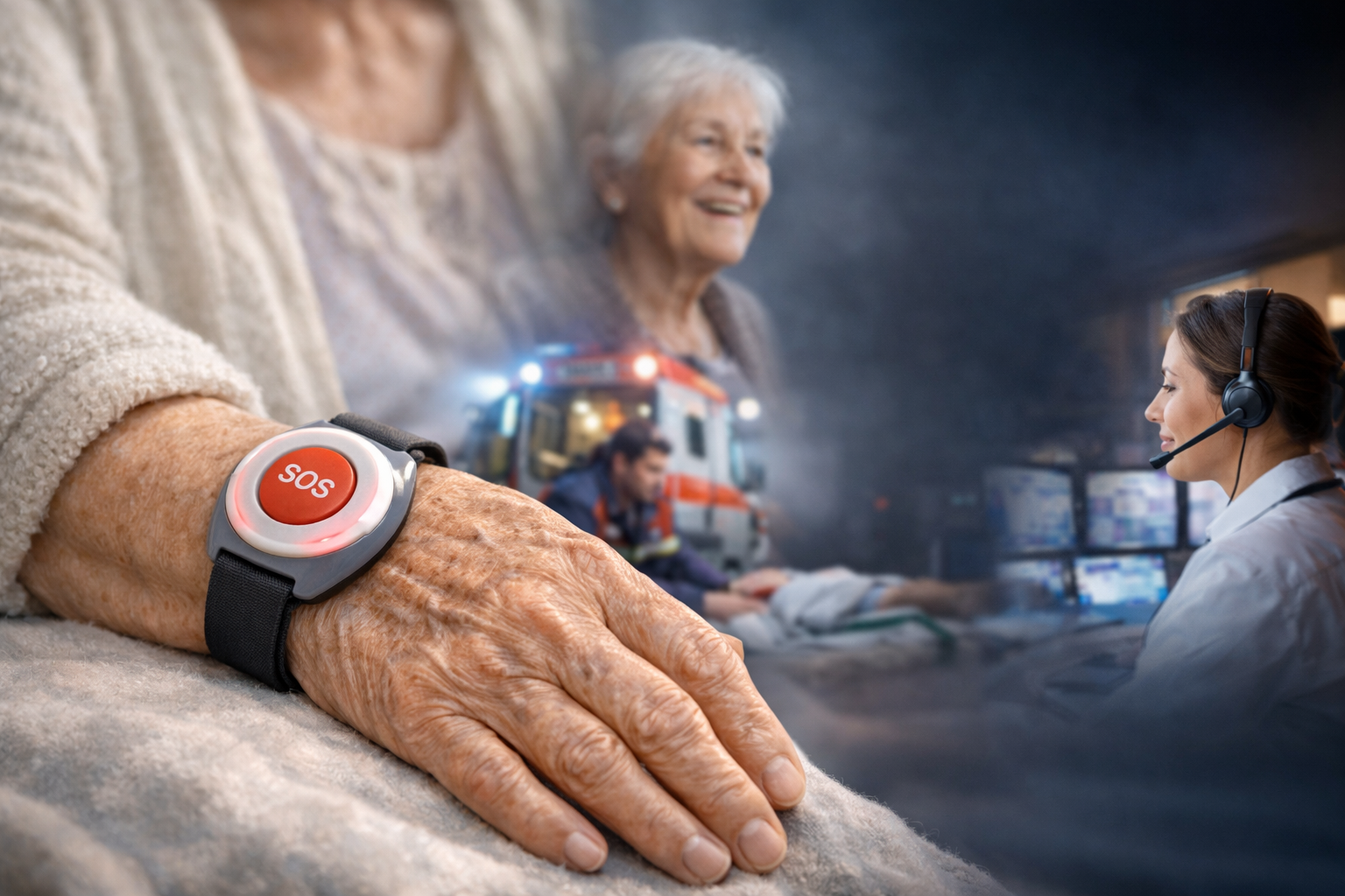 Hausnotruf-Armband am Handgelenk einer älteren Dame